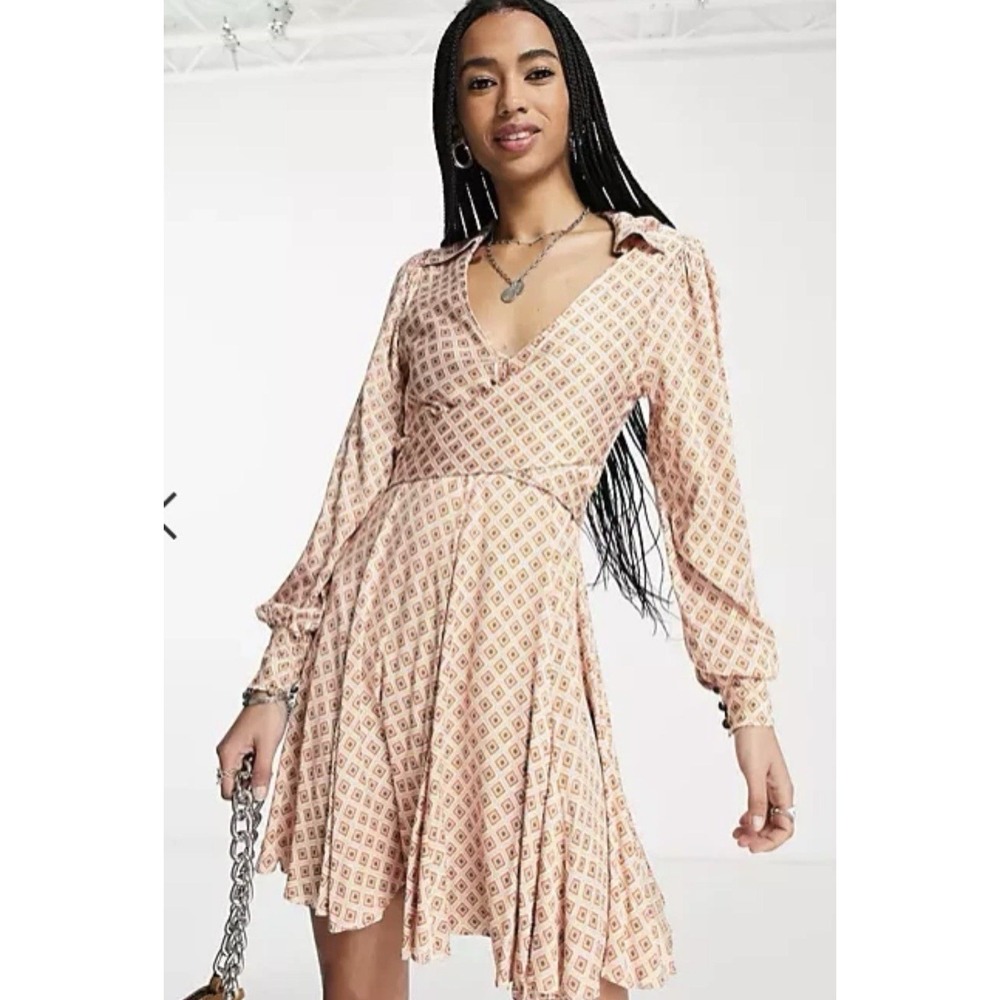 Free People Womens Sz S Ivory Orange Teal Geo Wrap Mini Dress Open Back NWT - Picture 2 of 15